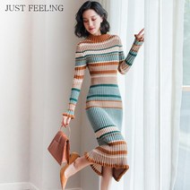 JUST FEEL!NG 여성 미디 니트원피스 프렌치 빈티지 스커트 가을겨울니트원피스 목폴라원피스 스트라이프칼라원피스