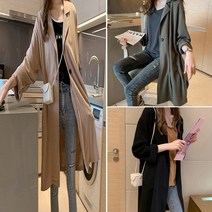 가벼운 트렌디한 로브 스타일 모던한 롱 세련된 캐주얼 자켓 데일리 여성 무지 베이직 린넨 스타일리쉬한 얇고 긴 재킷 아우터 오피스 여행 모임 오버 심플 하프 결혼식 하객 우아한