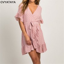 여름 쉬폰 드레스 2022 Boho 스타일 비치 반팔 v넥 폴카 도트 a라인 파티 Sundress Vestidos