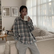 [바보사랑] 여자 겨울 가을 포켓 배색 체크 루즈핏 셔츠