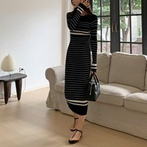 넷투넷코리아 여성 니트 롱 원피스 슬림핏 스트라이프 골지 캐주얼