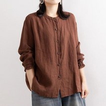에스닉 스타일 빈티지 코튼 린넨 캐주얼 셔츠 여성용 라운드넥 루즈한 패션 버튼 블라우스 여성 긴 봄 가을