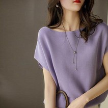 고객감사 여성 슬림 핏 여름 반팔 니트 티 라운드 셔츠 퍼플