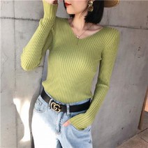 【DF】가을 겨울 V 넥 니트 긴팔 닫기 피팅 따뜻한 셔츠 탑 유행 레트로 풀오버 슬리밍 스웨터 여성을위한