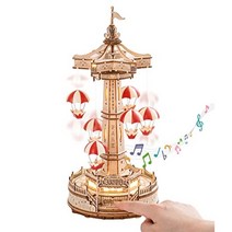 ROKR 3D 나무 퍼즐 놀이공원 회전 DIY 뮤직 박스 오르골 LED 조명 공예 키트, 낙하산 타워 (184 피스), 단일옵션개
