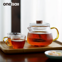 ONEISALL 골지 티포트 티팟세트 직화내열 다구 이지그립 내열유리 1세트, 600ml+컵 2개+티접시