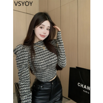 vsyoy 반 높이 칼라 긴팔 티셔츠 여성용 스프링 스트라이프 디자인 틈새 슬림 핏 내부 쇼트탑베이스 셔츠