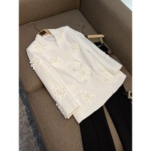 여자 블레이저 마이 여성용 입체 꽃 더블 브레스트 단추 흰색 패션