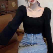스키니어 니트 스웨터 스퀘어넥 골지 아방핏 여성니트 티셔츠