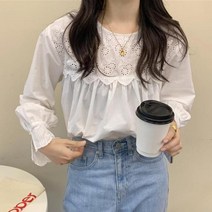 스위트 화이트 레이스 패치 워크 셔츠 귀여운 하이 스트리트 브리프 여성 루즈한 블라우스 탑스