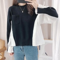 돌체비타샵 소매 리본 니트 믹스 블라우스