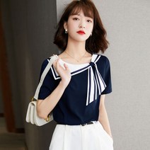 지9차이나 서양식 반팔 마린넥 쉬폰 블라우스