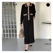 귈림 귈림 버튼배색 플리츠 오픈카라 니트 원피스GAFOP024P