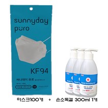써니데이 퓨로 황사 방역 마스크 화이트 100개입 대형 KF94 + 손소독겔 300ml 3개
