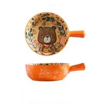 oyoson캐릭터 샐러드 도자기 손잡이 컵라면 그릇 귀여운 동물 패턴 손잡이 그릇 아침 아이디어 국밥그릇2P, 불곰--2P