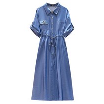 반팔데님원피스 여성용 대형 루즈 반팔 블루 데님 롱 드레스 플러스 사이즈 디자이너 진 3XL 여름
