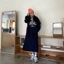 쉐얼유 여성용 기모 레트로 나염 오버핏 후드 원피스