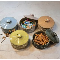 핸드메이드 도자기 뚜껑그릇 반찬그릇 간식그릇 야생화 소, 살구, 대, 1개
