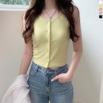 티데일리 여성용 퀸즈 단추 골지 나시 크롭 라운드 민소매 티셔츠