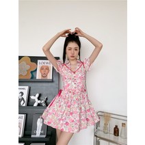 HQINT 2022 여름 뉴 프랑스 핫 소녀 스커트 거품 소매 여자 그룹 윈드 핑크 꽃 드레스 여성 ZA-243814