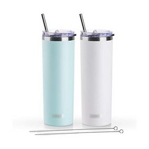 koodee 빨대 달린 591 5ml(20온스) 스키니 텀블러 스테인리스 스틸 이중벽 단열 슬림 여성 남성용 DIY 생일 선물 (퍼플) 미국직송, 2 Count (Pack of 1), 베이비 블루-화이트