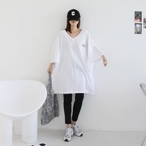 애플망고옷장 여성 빅사이즈 오버핏 반팔 바코드 양브이넥 롱박스 캐주얼 롱 여름 티셔츠