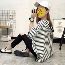 여성 반팔후드티 스트라이프 프린트 박스티 루즈핏 캐릭터 빅사이즈