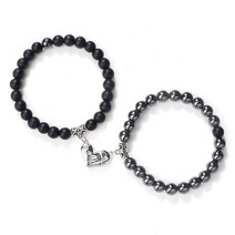 정전기방지패드 정전기패드 남녀공용 자연석 커플 팔찌 반쪽 하트 자석 연결 친구 체인 쥬얼리 선물 8mm 신제품, Set 16