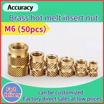 리벳너트 팝너트볼트 M6 50pcs 황동 핫멜트 너트 난방 몰딩 구리 나사 삽입 더블 능직 널링 사출 3d 부품, M6xOD9.5xL9.5(50pcs)