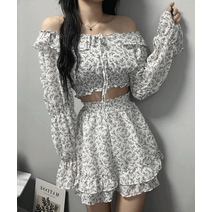 아임무드샵(여성투피스/세트/오프숄더가능) 로던 플라워 퍼프프릴 크롭블라우스 밴딩 프릴 캉캉 스커트 투피스세트