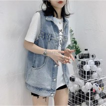 POMTOR 봄 가을 여성 루즈핏 캐주얼 민소매 청 조끼 + (물고기비늘 걸레 증정 이벤트)