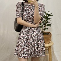 모네 플라워 퍼프 플리츠 리본 미니원피스