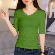 여자 여름 흰 티셔츠 쫄티 5부 흰색 슬림 브이넥 스퀘어넥 무지 Z241-002