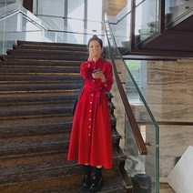 여성 코듀로이 롱 원피스 가 스커트 발목 슈퍼 레드 허리 코듀이 긴팔 셔츠 드레스 여
