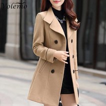 여성롱코트 가을 겨울 캐시미어코트 Volemo 플러스 사이즈 자켓 여성 더블 브레스트 솔리드 컬러 코트 한국어 슬림 여성 모직 자켓 여성 의류