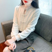 [이라크 거짓말] 리얼 샷 스탠드 업 칼라 레이스 바닥 셔츠 가을과 겨울 2023 겨울 새로운 패션 버클 작은 셔츠 탑 8655