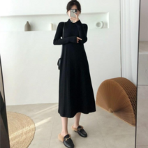 데이홀릭 여성용 가을 겨울 단색 데일리 골지 긴팔 A라인 롱 니트 원피스