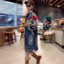 여성 청 데님 오버핏 크롭 봄 자켓 재킷 코트 유럽 트렌치 중간 길이 유행 스티치 만화