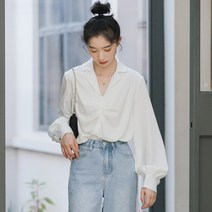 KORELAN 새로운 스타일의 심플하고 세련된 정장 칼라 주름 디자인 셔츠 캐주얼 긴팔 셔츠 여성 조수