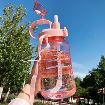 대용량 디톡스 빨대 빅사이즈 물병 생수통, 핑크 1.5L + 스트랩
