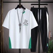 Tagi.여름 린넨 자수 반팔티 루즈핏 9부팬츠 남자 상하세트