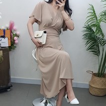 제이후 브이넥 랩 셔링 허리끈 찰랑 날개 소매 하객 오피스룩 A라인 플레어 반팔 롱 원피스