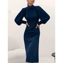 샤틴 실크 원피스 새틴 터틀넥 여성 오피스 드레스 레이스 드레이프 흐르는 네이비 미디