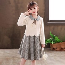 여아원피스 키즈 여아 가을 원피스 니트 아가일 체크 프릴 리본 프리미엄 주니어 패션 초등학생 레이어드 부드러운 긴팔 스커트 치마