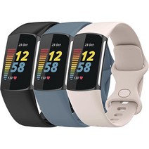 TopPerfekt Fitbit Charge 5와 호환되는 밴드 조절 가능한 부드러운 실리콘 스포츠 교체용 시계 스트랩 손목 팔찌 충전 5 액티비티 트래커 여성 남성용 3-블랙/문, Small, 3-Black/Lunar White/Steel blue