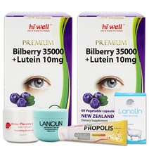 HI WELL PREMIUM BILBERRY 35000 뉴질랜드 하이웰 프리미엄 빌베리 35000 루테인 60캡슐 2팩, 치약 + 비타민E 크림
