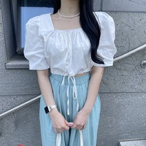 VANANA2 여성용 데일리 스퀘어넥 밑단 스트링 어깨 퍼프 블라우스