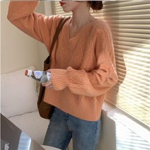 꽈배기 가을 루즈핏 여성 기본 브이넥 니트 하늘비즈 E425D926