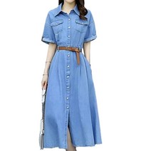 JUST FEEL!NG 5부소매 데님원피스 청 원피스 앞단추 간절이 20대 30대 롱원피스 여름