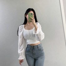 오프숄더 쉬폰 퍼프 백리스 뒤트임 리본 랩 흰색 검정색 블라우스